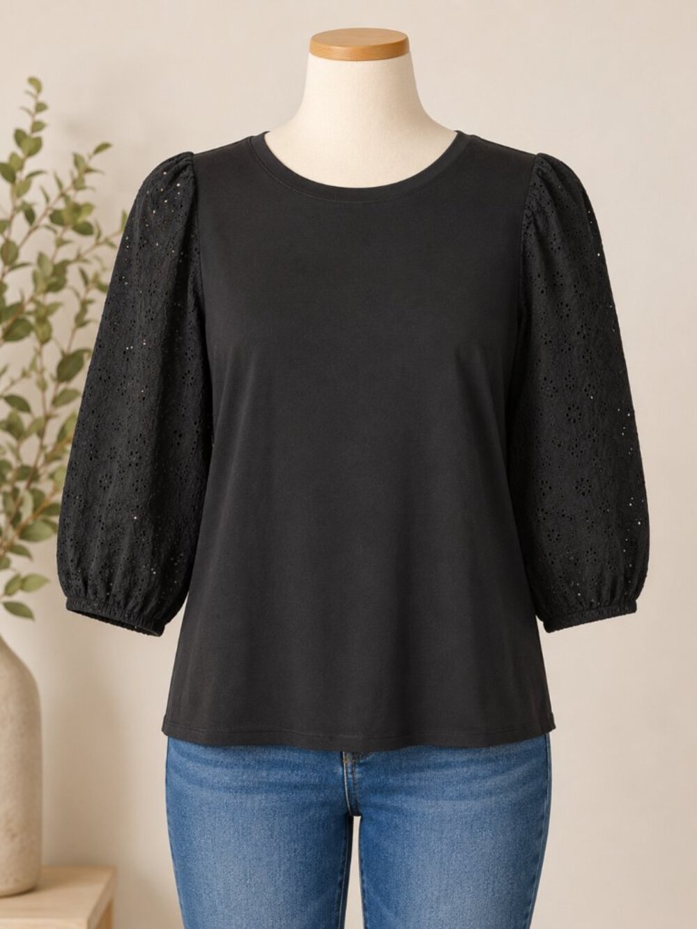 Black Eyelet Puff Sleeve Knit Top Jack + Avery XL